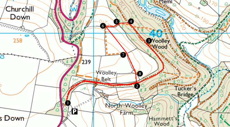 Map of showing a route around Woolley Woods
